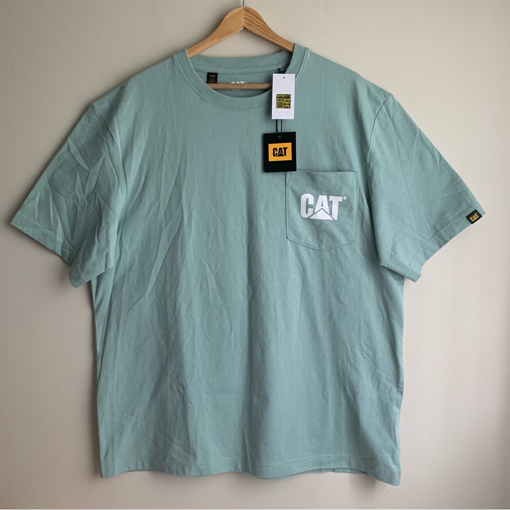 CAT Caterpillar Men’s T-shirt Mint Green White Logo Size L Large NWT